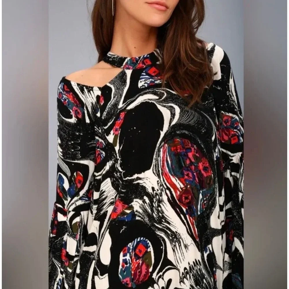 Free People Drift Away Top/Dress High Neck Peekaboo Shoulder Balloon Sleeve Sz S